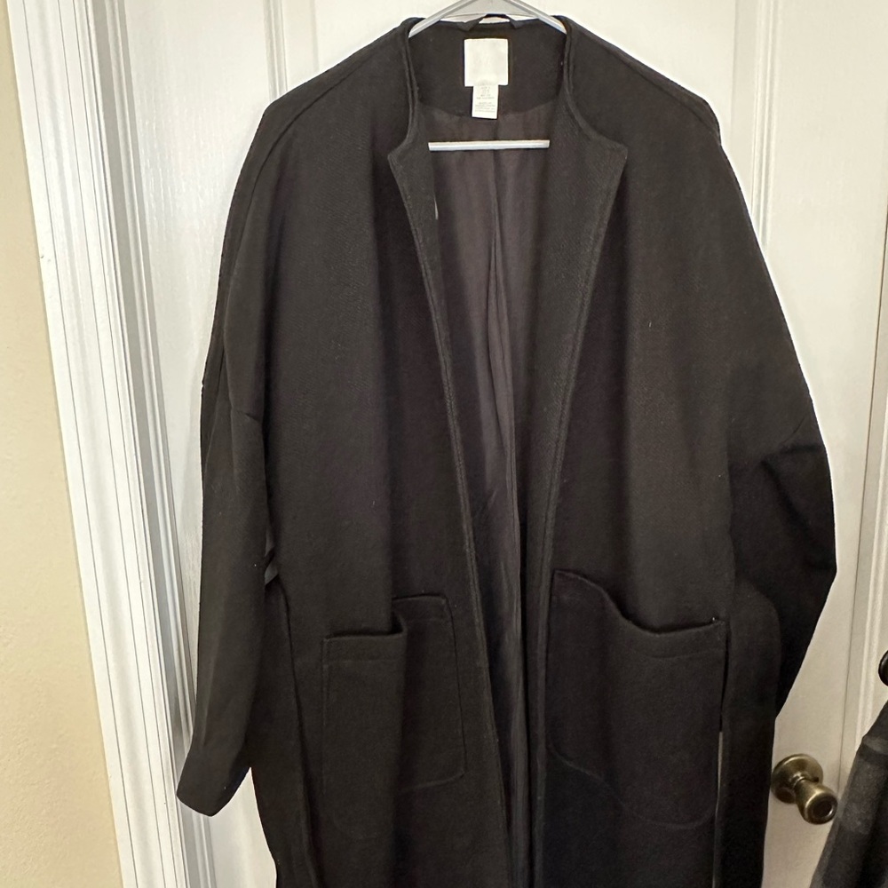 H&M Black Belted Wrap Coat Open Front Long Jacket